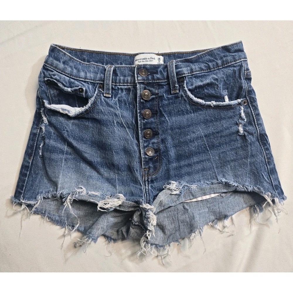 Abercrombie Fitch Women's Hi-rise Mom Short  Denim Shorts  Blue Distressed 6 28